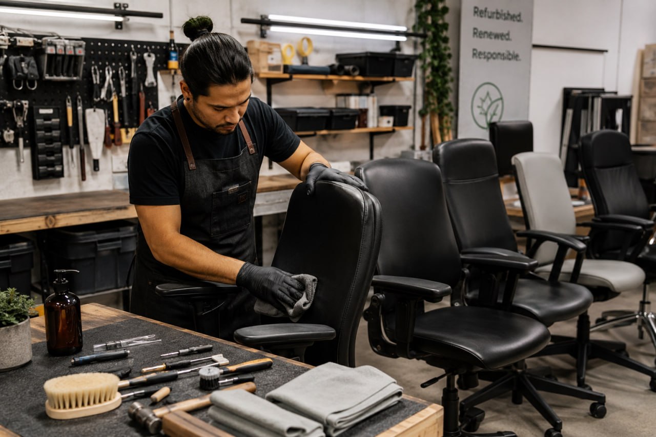 Technician cleaning and refurbishing a leather executive chair in the workshop